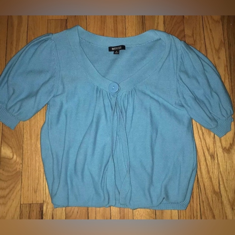 Metrostyle Turquoise Teal Crop Top Cap Sleeve Button Sweater Cardigan Blouse S